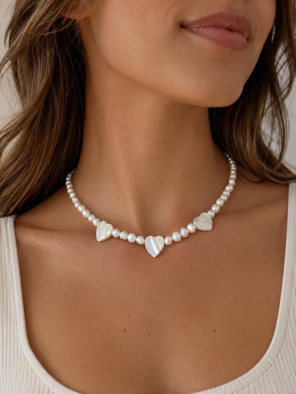 Dainty Pearl Choker with Heart Charms -Natural Freshwater Pearl Jewelry